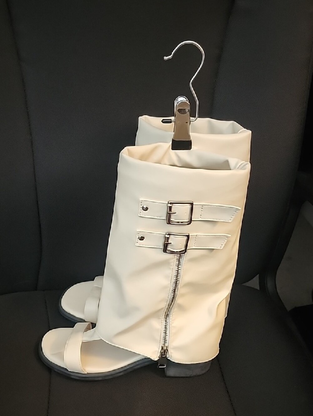 Cream Open-Toe Tall Buckle Boots